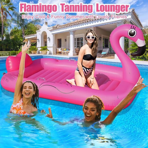 Flamingo Inflatable Tanning Pool Lounger Float, 2025 Large Pink Sunbathing Pool - Picture 2 of 8